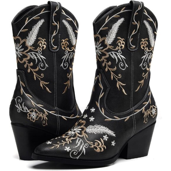 Anjoufemme Mid-calf Boot Black Polyurethane Embroidered Round-toe temperament - Picture 2 of 9